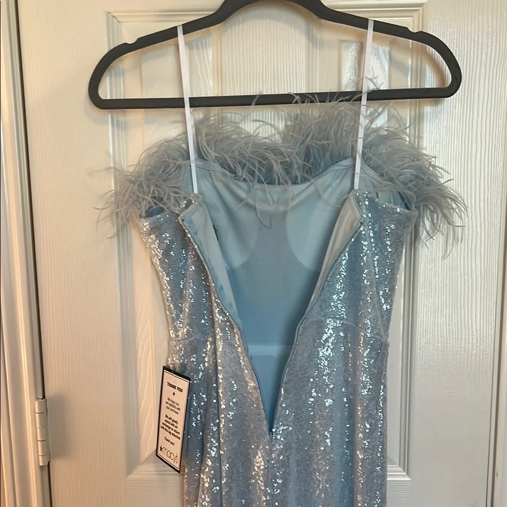 NWT B. Darlin Blue Sequin Feather Cocktail Dress - Picture 8 of 11